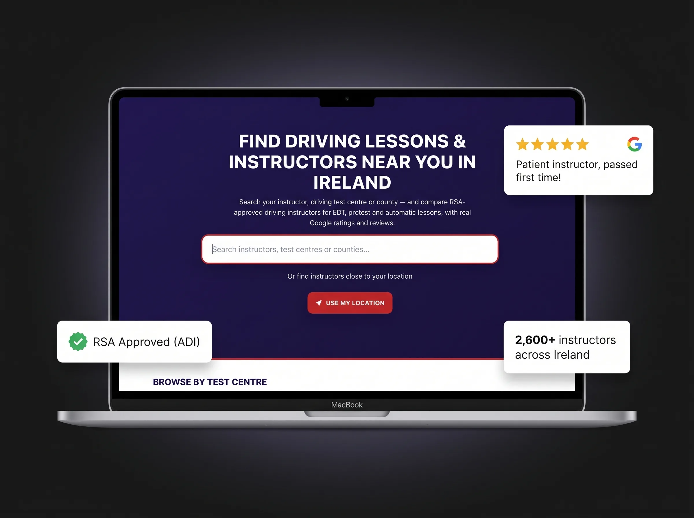 Driving Instructor Near Me website showing top-rated RSA-approved instructors with Google reviews, next to learners who passed their test